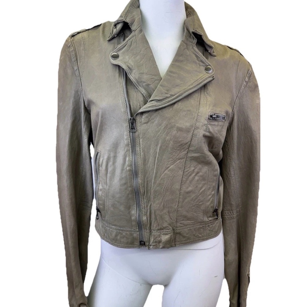 Janette Cropped Asymmetrical Leather Moto Jacket - Brown